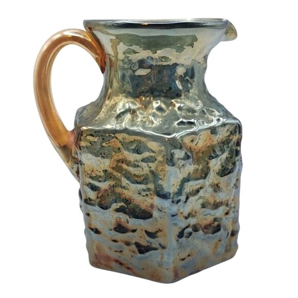 Antique Handblown Carnival Glass Gold Nugget Hexagonal Pitcher Marigold Handle - Picture 3 of 7